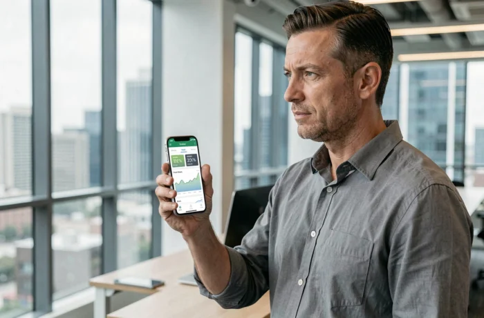 Homme consultant une application de conseils boursiers sur smartphone dans un bureau moderne avec vue sur la ville