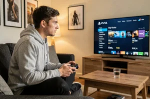 Jeune homme consultant les statistiques de temps de jeu sur sa PS4 depuis son canapé