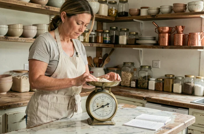 Femme mesurant de la farine sur une balance de cuisine vintage en laiton avec des tasses à mesurer en cuivre sur un plan de travail en marbre