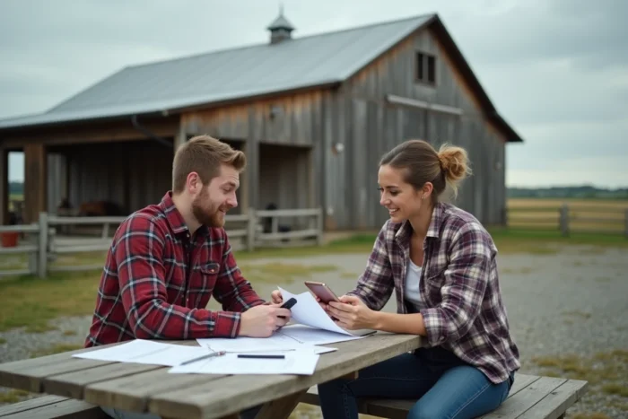 Jeune couple d'agriculteurs comparant les options MSA et URSSAF pour leur micro-entreprise agricole devant une grange