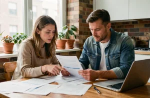 Couple examinant les documents d'une assurance de prêt immobilier à la table de leur cuisine