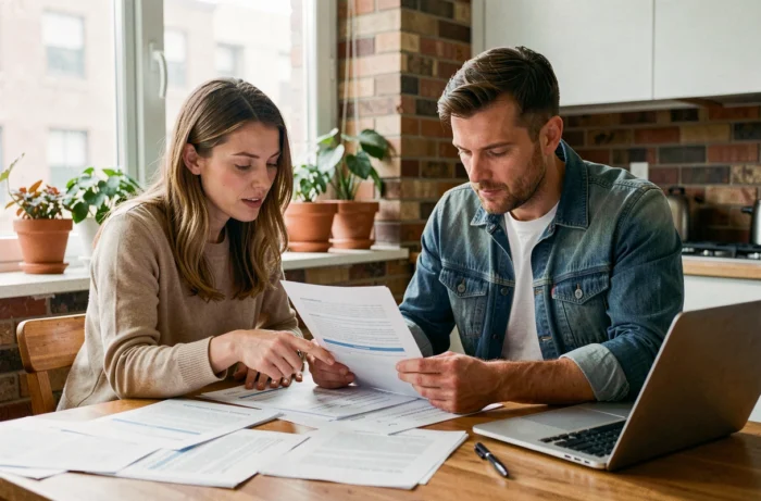 Couple examinant les documents d'une assurance de prêt immobilier à la table de leur cuisine