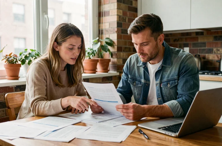 Couple examinant les documents d'une assurance de prêt immobilier à la table de leur cuisine