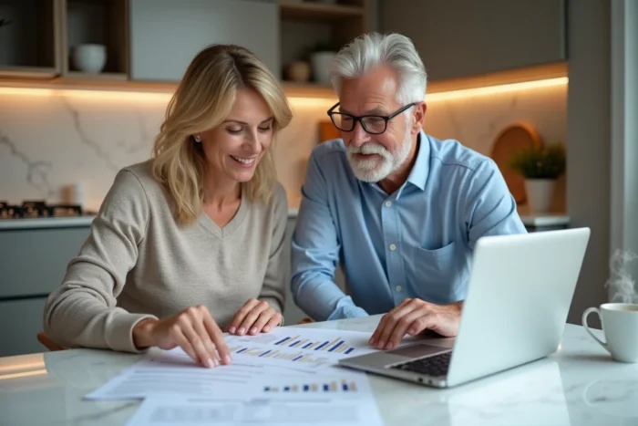 Un couple compare des solutions de crédit immobilier autour d'une table dans leur appartement moderne