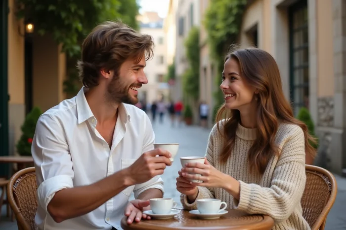 Couple français partageant un café en terrasse dans une ruelle provençale, représentant une relation amoureuse complice et authentique