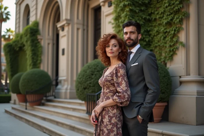 Couple élégant des années 80 devant un palais de justice historique de Los Angeles évoquant un mariage de célébrités hollywoodiennes