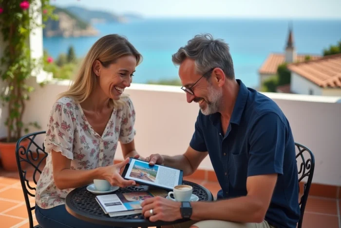 Couple planifiant leur voyage sur une terrasse méditerranéenne avec tablette et brochures touristiques