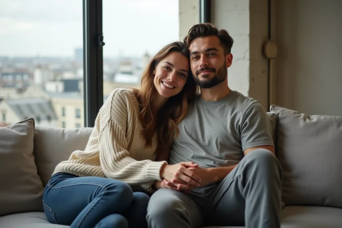 Couple de rappeur et sa femme photographiés dans leur appartement parisien moderne, ambiance intime et décontractée