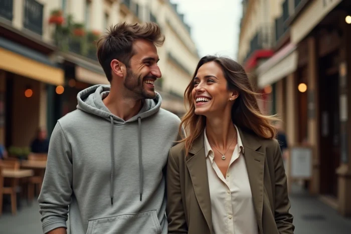 Couple de rappeur français et sa femme se promenant dans une rue parisienne animée, tenue décontractée et complicité naturelle
