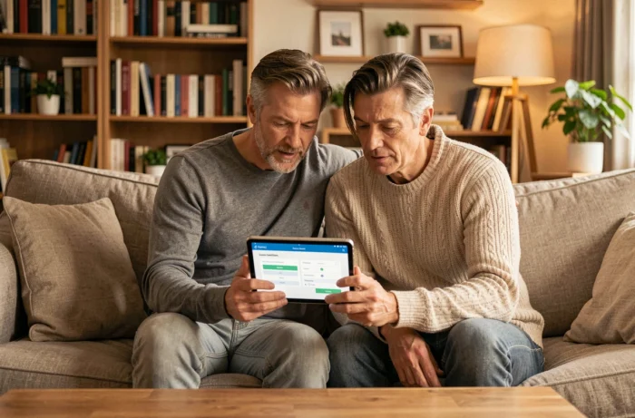 Couple étudiant ensemble une simulation de crédit en ligne sur une tablette dans leur salon