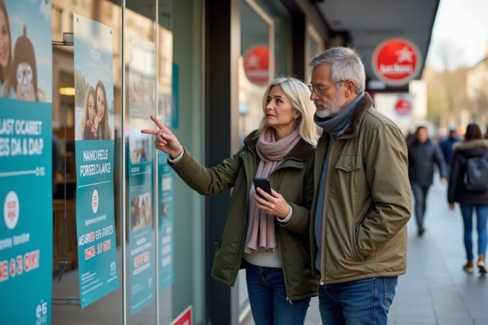 Couple devant une vitrine d'agence de voyage Leclerc examinant des promotions de dernière minute