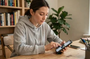 Jeune femme créant un compte anonyme sur son smartphone dans un bureau à domicile