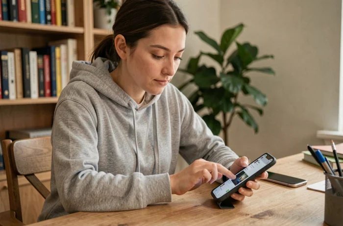 Jeune femme créant un compte anonyme sur son smartphone dans un bureau à domicile