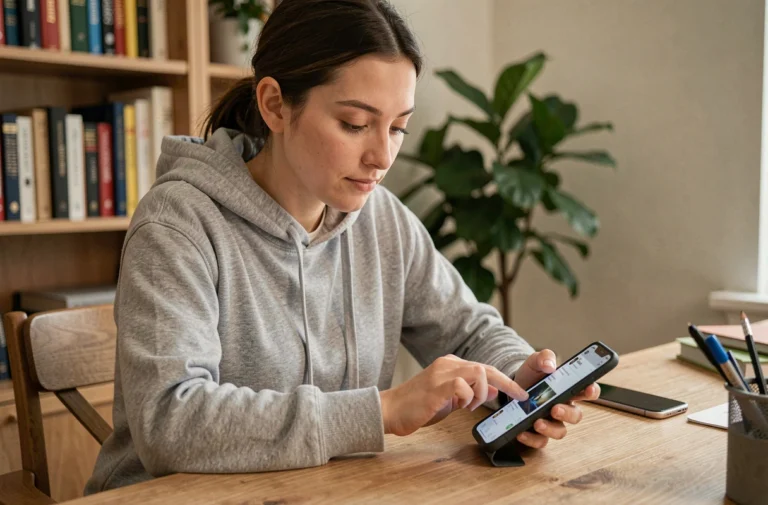 Jeune femme créant un compte anonyme sur son smartphone dans un bureau à domicile