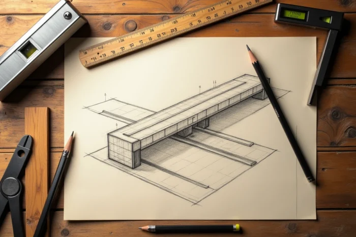 Croquis technique de calcul de rampe avec triangle rectangle, rapporteur et règle sur bureau d'atelier