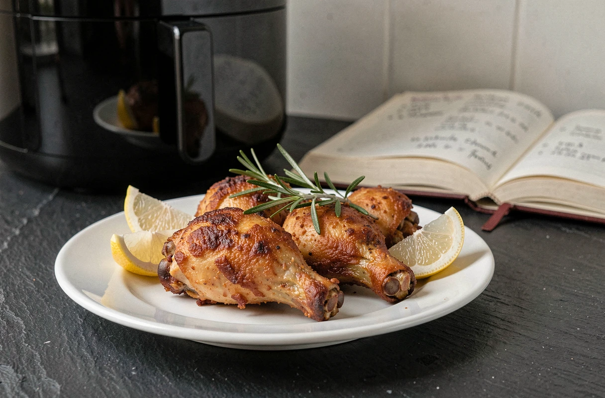 Assiette de cuisses de poulet dorées et croustillantes cuites à l'Air Fryer Ninja avec romarin frais et citron