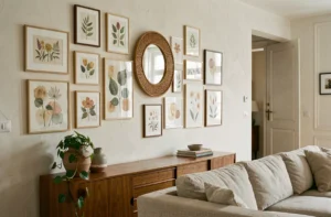 Mur galerie tendance dans un salon moderne avec cadres botaniques, miroir en rotin et buffet en bois