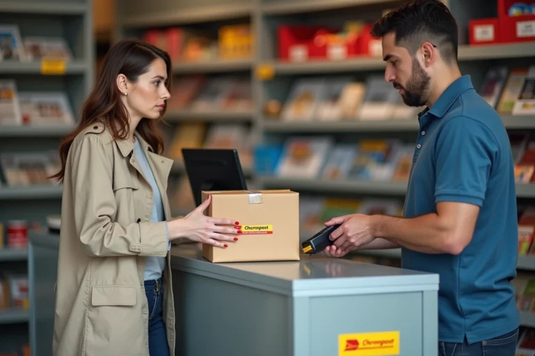 Femme déposant un colis Chronopost au comptoir d'un point relais tabac en France