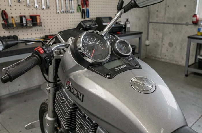 Gros plan sur le tableau de bord, le réservoir et le moteur de la Yamaha XSR 155 dans un atelier moderne