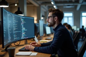 Développeur web concentré sur son écran dans un bureau moderne de startup numérique