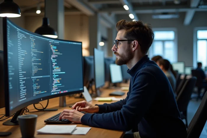 Développeur web concentré sur son écran dans un bureau moderne de startup numérique