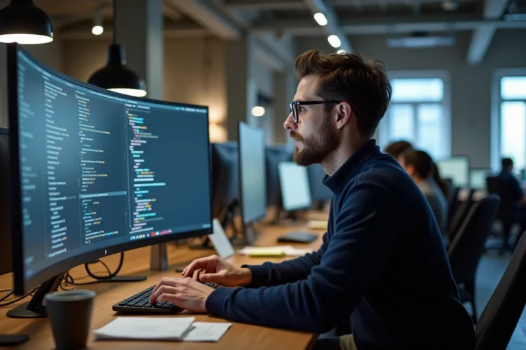 Développeur web concentré sur son écran dans un bureau moderne de startup numérique