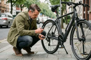 Homme inspectant le moteur d'un vélo électrique Decathlon avec un multimètre sur un trottoir urbain
