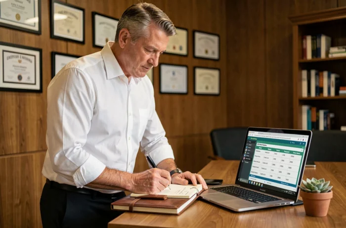 Directeur d'entreprise prenant des notes stratégiques pour évaluer un service de management B2B dans son bureau privé avec ordinateur portable ouvert