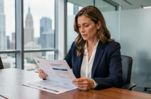 Dirigeante d'entreprise en blazer marine analysant des propositions de services de management B2B dans une salle de réunion moderne avec vue sur la ville