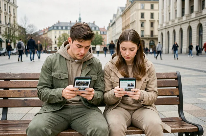 Deux jeunes professionnels utilisant des écrans flexibles nouvelle génération en milieu urbain, représentant les tendances technologiques innovantes du quotidien