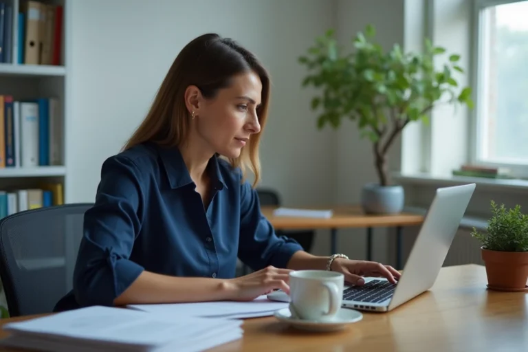 Enseignante consultant sa messagerie académique AC Versailles sur un ordinateur portable dans un bureau scolaire