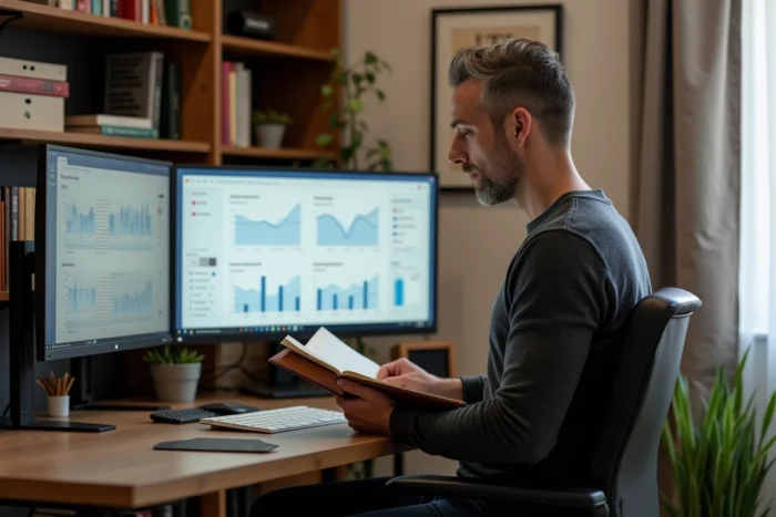 Entrepreneur masculin concentré prenant des notes dans un carnet dans un bureau à domicile avec double écran affichant des tableaux de bord analytiques