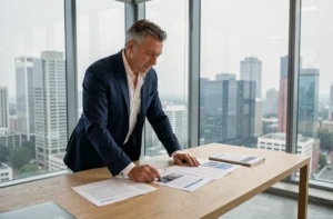 Entrepreneur en costume bleu marine examinant des documents financiers dans un bureau moderne avec vue sur la ville, illustrant les stratégies de gestion de fortune