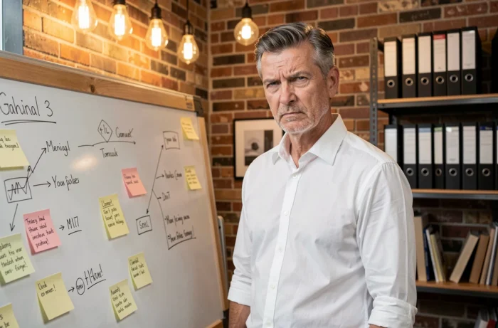 Entrepreneur scrutant un tableau de stratégie sur le concept kectayaznindus avec un regard critique et analytique