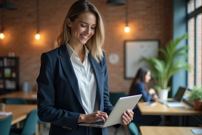 Entrepreneure en blazer marine travaillant sur un ordinateur portable dans un espace de co-working moderne avec murs en briques apparentes