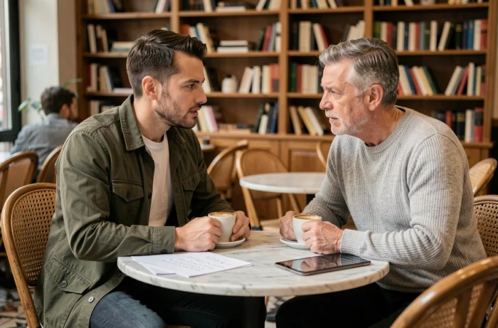 Deux entrepreneurs discutant de stratégies de gestion patrimoniale autour d'un café dans un bistrot parisien, évoquant les enseignements des grandes fortunes entrepreneuriales