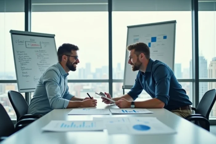 Deux entrepreneurs discutant de stratégie d'entreprise autour de graphiques et d'une tablette dans une salle de réunion vitrée