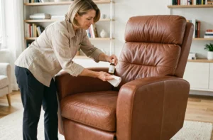 Femme entretenant un fauteuil cuir Stressless cognac avec de la crème nourrissante dans un salon scandinave