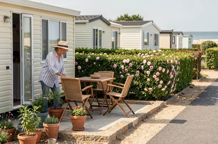 Femme entretenant sa parcelle de mobil-home dans un parc résidentiel ensoleillé en Vendée