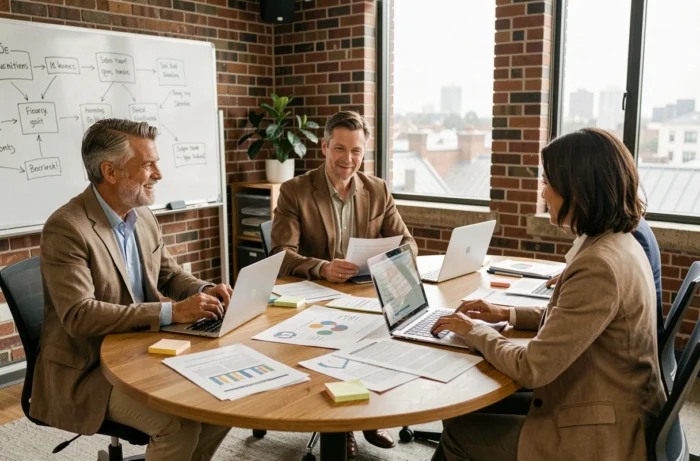 Équipe de professionnels en réunion stratégique autour d'une table pour planifier les tendances business de 2024