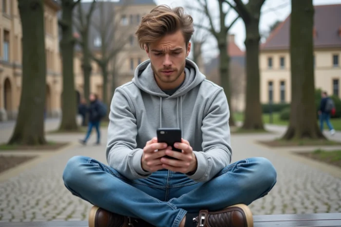 Étudiant résolvant un problème de connexion à la messagerie AC Versailles sur son smartphone en plein air