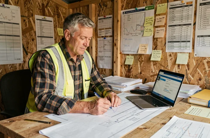 Expert en bâtiment analysant des plans sur un bureau de chantier avec un ordinateur portable ouvert