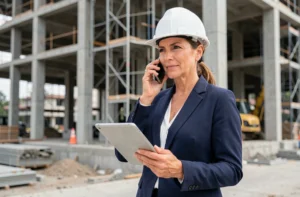 Experte du secteur du bâtiment en blazer marine et casque blanc téléphonant sur un chantier de construction moderne