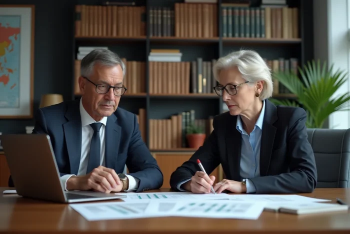 Deux experts financiers discutant de rapports de conformité réglementaire liés à la directive MIF 2 dans un bureau professionnel avec documentation juridique