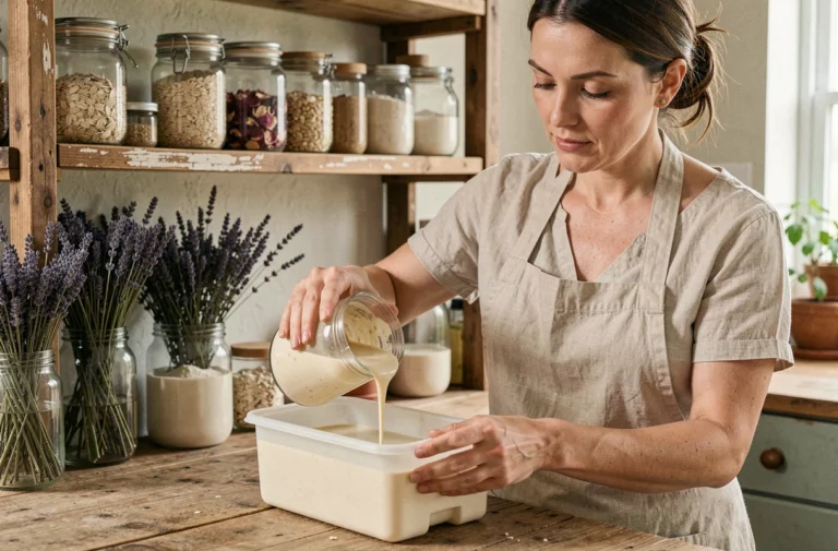 Femme versant un mélange de savon artisanal dans un moule en silicone sur un plan de travail en bois avec des ingrédients naturels en arrière-plan