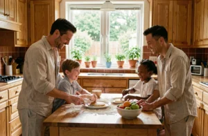 Famille épanouie préparant des pancakes ensemble dans une cuisine chaleureuse le matin
