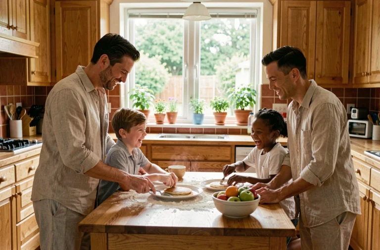 Famille épanouie préparant des pancakes ensemble dans une cuisine chaleureuse le matin