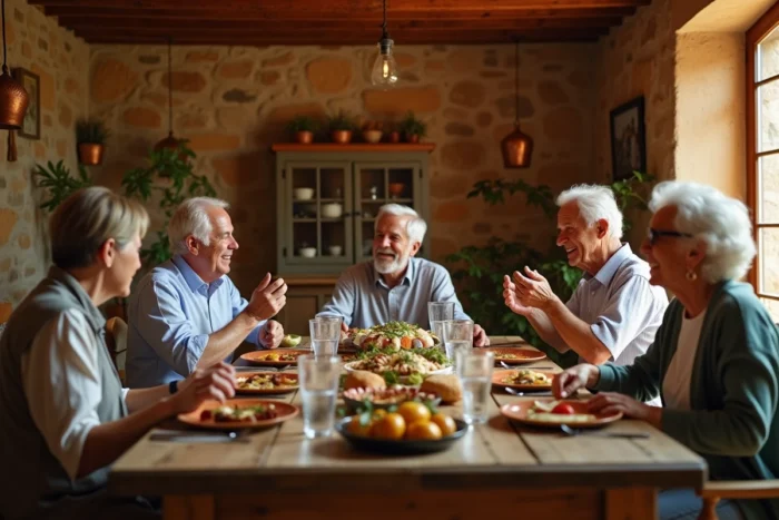 Famille française multigénérationnelle réunie autour d'un repas dans une maison provençale, symbolisant les liens familiaux et l'approbation de l'entourage d'un artiste