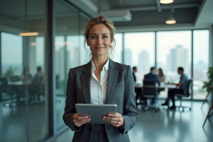 Femme d'affaires consultant un tableau de bord boursier en temps réel sur une tablette en open space