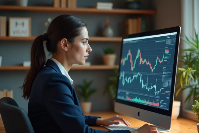 Femme analysant des graphiques boursiers sur un écran d'ordinateur dans un bureau moderne